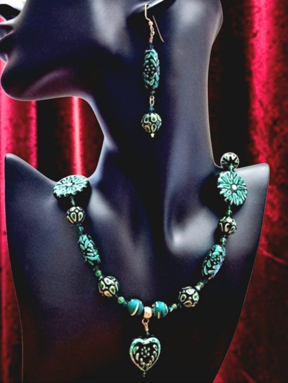 Beaded Necklace/Earring Set Hand Painted Green Ceramic? Artisan Unique